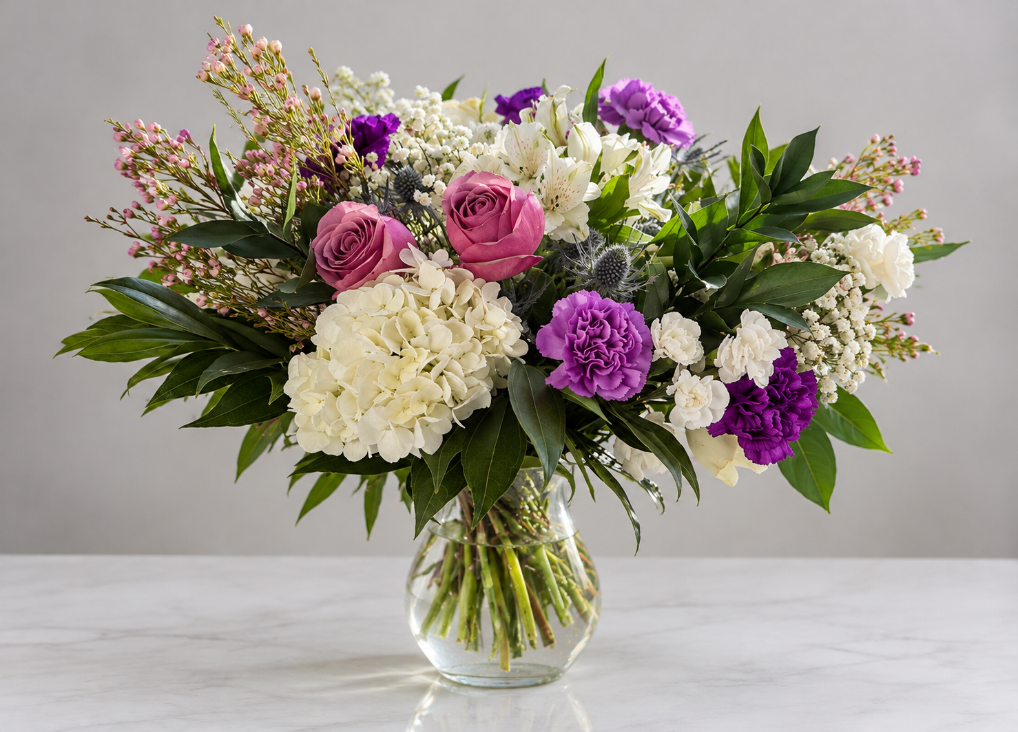 Purple and white floral arrangement with pink roses, hydrangeas and greenery by EuroFleur Studio