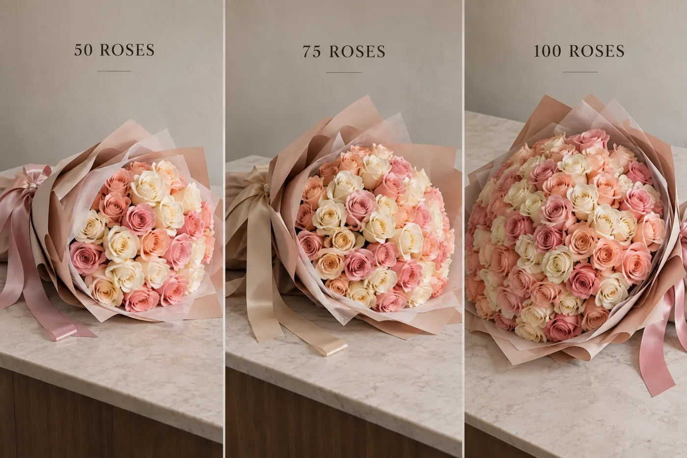 Comparison of Ramo Buchón wrapped rose bouquets in 50, 75 and 100 rose sizes, with peach, pink and cream roses